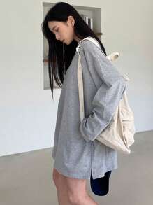 DAZY Áo thun nữ cổ tròn dài xẻ gấu cỡ lớn, quần áo mùa thu dài tay cho nữ - Xám - Xem 2