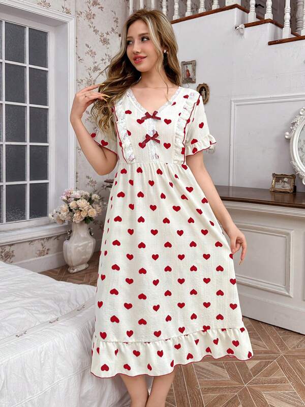 CottageSlumber CottageSlumber Camisón de mujer con bloques de color, encaje, estampado de corazón, volantes en el bajo, detalles acogedores y elegantes para la temporada navideña