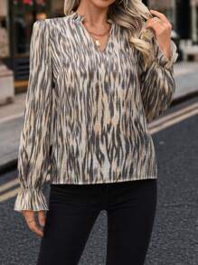 TrendSteals Women's Autumn Season V-Neck Ruffle Long Sleeve Allover Print Shirt Fall Cloth For Women - Apricot - View 7