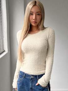 DAZY Women's Plain Long Sleeve Fitted Fleece T-Shirt, Autumn/Winter