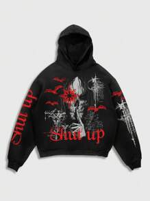 ROMWE MEN Goth 男士哥特式骷髅图案抽绳连帽羊毛运动衫，适合秋冬季 - 黑色 - 查看 1