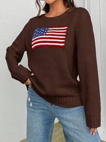 SHEIN EZwear 休闲时尚的美国国旗毛衣，适合日常穿着 - 棕色 - 查看 4