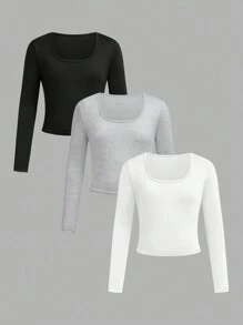 SHEIN Girlism Set de 3 blusas de manga larga de cuello redondo ajustadas de unicolor en estilo casual urbano para niñas preadolescentes - Gris Claro - Ver 1