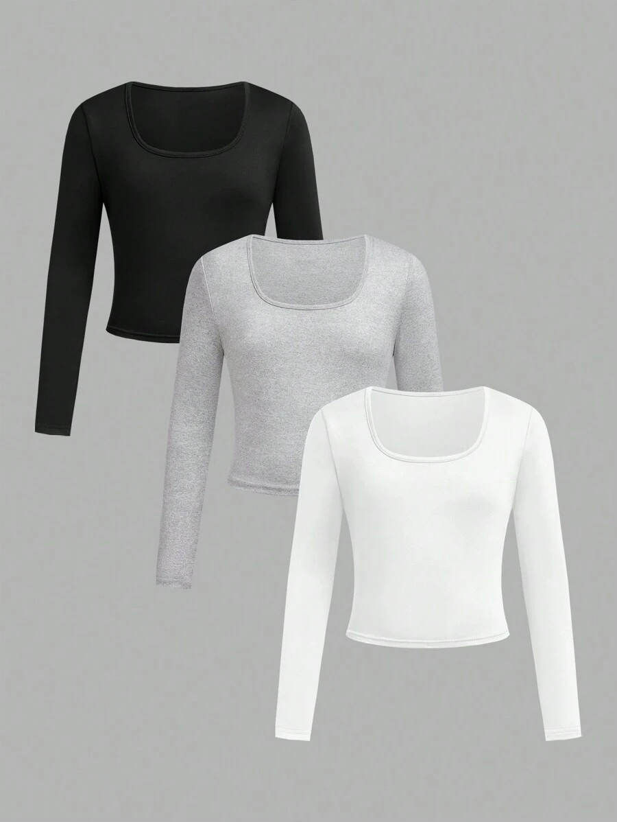 SHEIN Girlism Set de 3 blusas de manga larga de cuello redondo ajustadas de unicolor en estilo casual urbano para niñas preadolescentes - Gris Claro - Ver 1