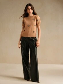 Anewsta Áo thun nữ dệt kim tay phồng đính đinh tán phong cách retro Meillard, áo nữ mùa mới. - Màu Khaki - Xem 5