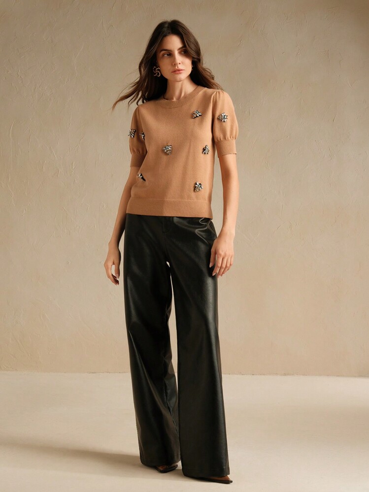 Anewsta Áo thun nữ dệt kim tay phồng đính đinh tán phong cách retro Meillard, áo nữ mùa mới. - Màu Khaki - Xem 5