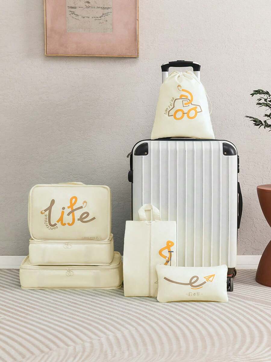 6 件装旅行收纳袋对比色字母图形印花衣服收纳袋，大容量旅行收纳套装，多尺寸多功能衣物分类包，学校用品大学宿舍必需品，防水可重复使用，适用于旅行收纳袋，度假收纳袋，适用于家庭、礼物、度假和节日万圣节圣诞节多功能用途 - 黃色 - 查看 1
