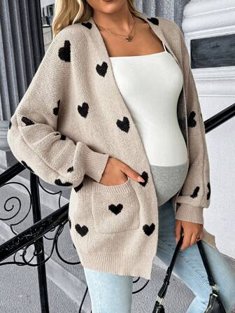 SHEIN Zwangerschapshartpatroon Drop Shoulder Lange mouw Zak Open voorkant Casual gebreide cardigan, herfst/winter