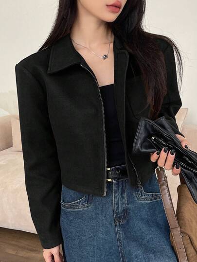 DAZY Women Casual Solid Color Cropped Jacket, New Arrival For Autumn