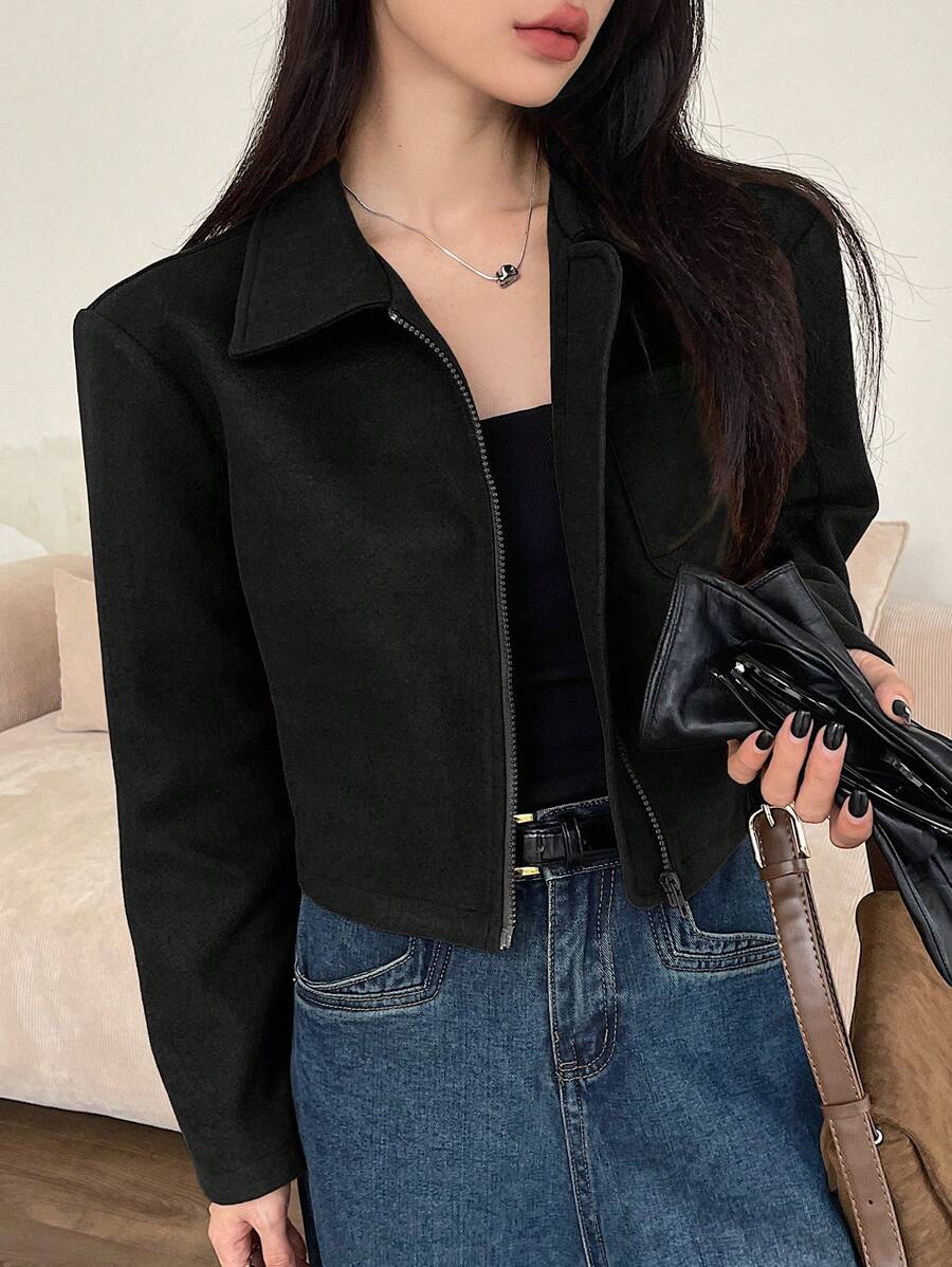 DAZY Women Casual Solid Color Cropped Jacket, New Arrival For Autumn - Black - View 1