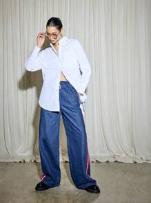AiiRZ Jeans holgados con cintura tipo paperbag, ribete lateral en contraste y cordones