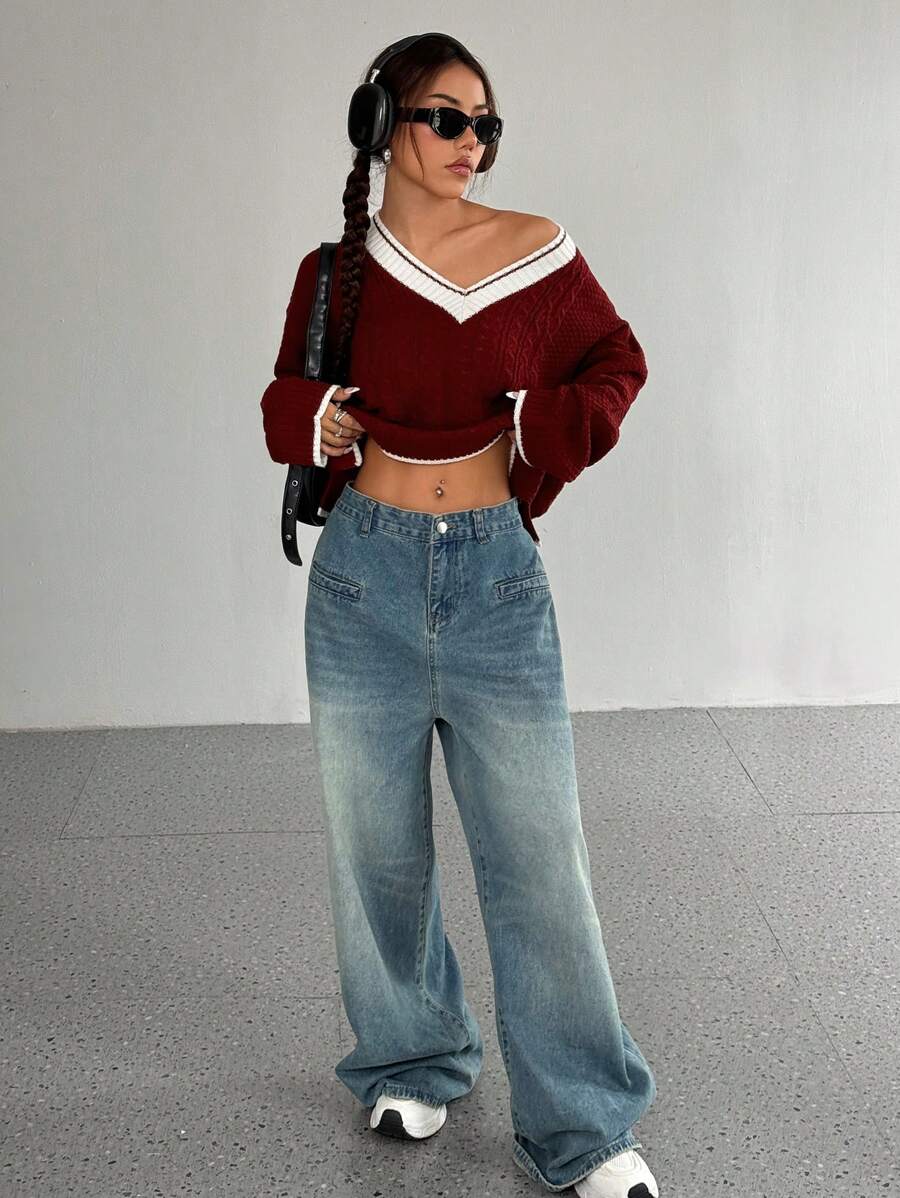 Flirla 女士秋冬休闲撞色 V 领纹理毛衣 - 彩色 - 查看 1