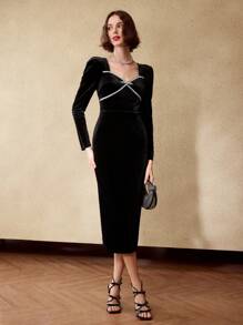 MOTF PREMIUM 天鹅绒心形领口水钻细节羊角袖修身中长连衣裙女装 - 黑色 - 查看 9