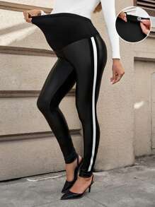 SHEIN Mallas negras de tobillos ajustados con rayas y parches de PU para mujer de talla grande, en estilo deportivo informal, ideales también para maternidad