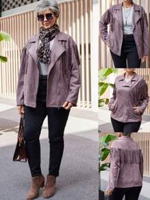 EMERY ROSE Plus Size Women's Autumn Patchwork Fringe Design Long Sleeve Biker Jacket,Autumn&Winter Women Clothes,Plus Size Fall Clothes - Dusty Pink - View 1