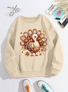 INAWLY Thanksgiving Turkey Graphic Print Women Crew Neck Long Sleeve Casual Sweatshirt,Autumn/Winter Pullover Fall - Apricot - View 3