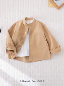 Cozy Pixies Young Boy Casual All-Match Stand Collar Decor Patch Pocket Long Sleeve Cardigan - Khaki - View 3