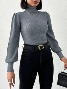 Cloudara Turtleneck Lantern Sleeve Sweater - Grey - View 5