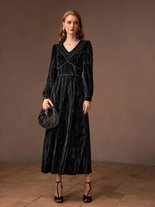 MOTF PREMIUM VELVET V-NECK PUFF SLEEVE CONTRAST PIPING LONG DRESS FOR HOLIDAY, PARTY CLOTHES, WOMEN OUTFIT - Black - View 6