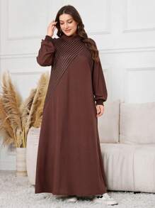 Mulvari Plus Size Casual Striped Patchwork Extra Long Sweatshirt Dress, Autumn Graduation, Back To School Outfits, Graduation, Teacher Outfits For Women, Back To School Pullover Fall Outfit Winter - Multicolor - View 5