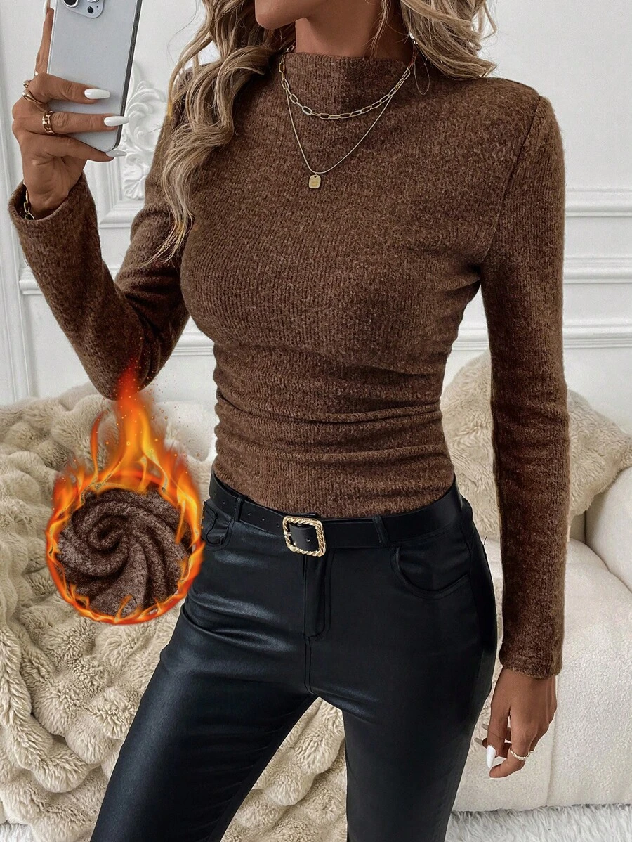 SHEIN Clasi 修身冬季女士保暖内衬长袖 T 恤，秋冬季，保暖衬衫，冬季女士服装 - 摩卡棕 - 查看 1