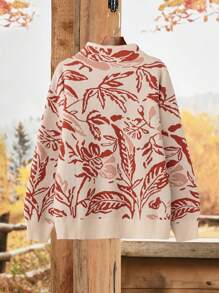 SHEIN LUNE 大码女式碎花立领落肩长袖休闲套头毛衣，秋冬针织套头衫 - 杏色 - 查看 2