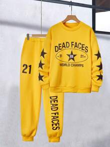 SHEIN 2pcs Casual Cool Teenager Boy Comfort Hooded Long Sleeve Top And Long Pants Set - Yellow - View 1