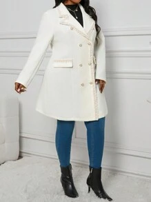 SHEIN Lady 秋冬季优雅工作办公室米色编织纹理翻领带合身腰部纽扣长袖大码大衣 - 米色 - 查看 5