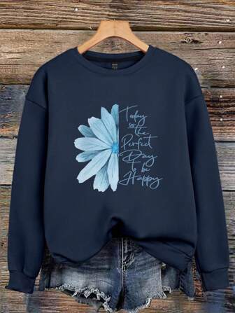 Linhara Damtröja, varmfodrad blommig tröja med slogantryck, långärmad topp