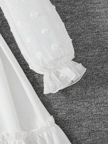 SHEIN Leap Crew Tween Girls' Woven Solid Color Jacquard Contrast Panel Stand Collar Fitted Elegant Dress - White - View 5