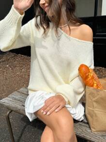 INAWLY Women Casual Loose Fit Solid Color Drop Shoulder Sweater, Autumn/Winter
