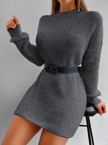 EURMUSE Solid Color Rib Knit Stand Collar Elegant Long Sleeve Sweater Dress - Grey - View 5