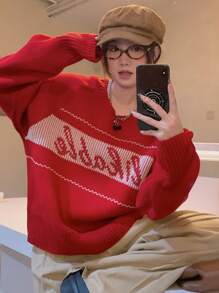 DAZY Damen Rundhals Langarm Buchstaben Muster Minimalistischer Lässiger Loser Pullover Herbst, Winter, Weihnachten, Neujahr