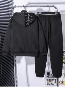 Tween Boy Casual Spiderweb Graphic Zip Front Hoodie And Elastic Waist Pants Set, Suitable For Autumn, Spring, Winter, Fits For Outdoor Play, School, Street Fashion, Party, And Leisure Wear
