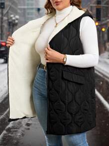 SHEIN Clasi Gourd-Shaped Padded Vest With Pockets, Warm Thermal Lined , Plus Size, Winter