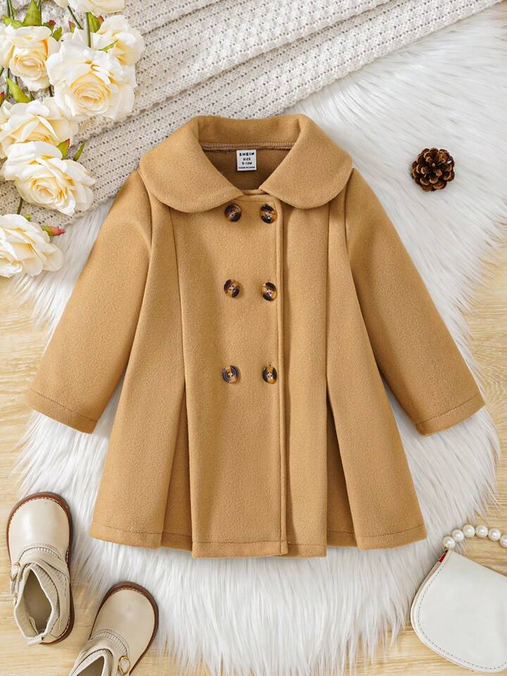 Shein Baby Girl Thick Warm Winter Classic Elegant Versatile British Style Double Breasted Overcoat Christmas New Year Comfortable Fabric Carefully