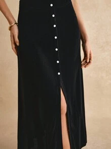 SHEIN Frenchy Split Thigh Button Front Skirt Winter Elegant Black Black - Black - View 5