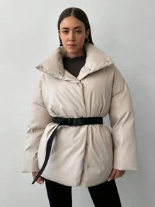 Aloruh Women's Casual Chic High Neck Loose Fit Long Sleeve Padded Coat - Apricot - View 4