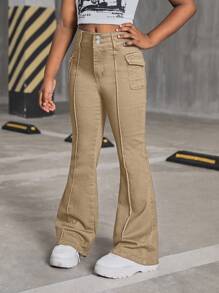 SHEIN Tween Girl Y2K Fashion Retro Style Flap Detail Seam Detail Denim Flare Leg Jeans , Fall Clothes Back To School - Army Green - View 4