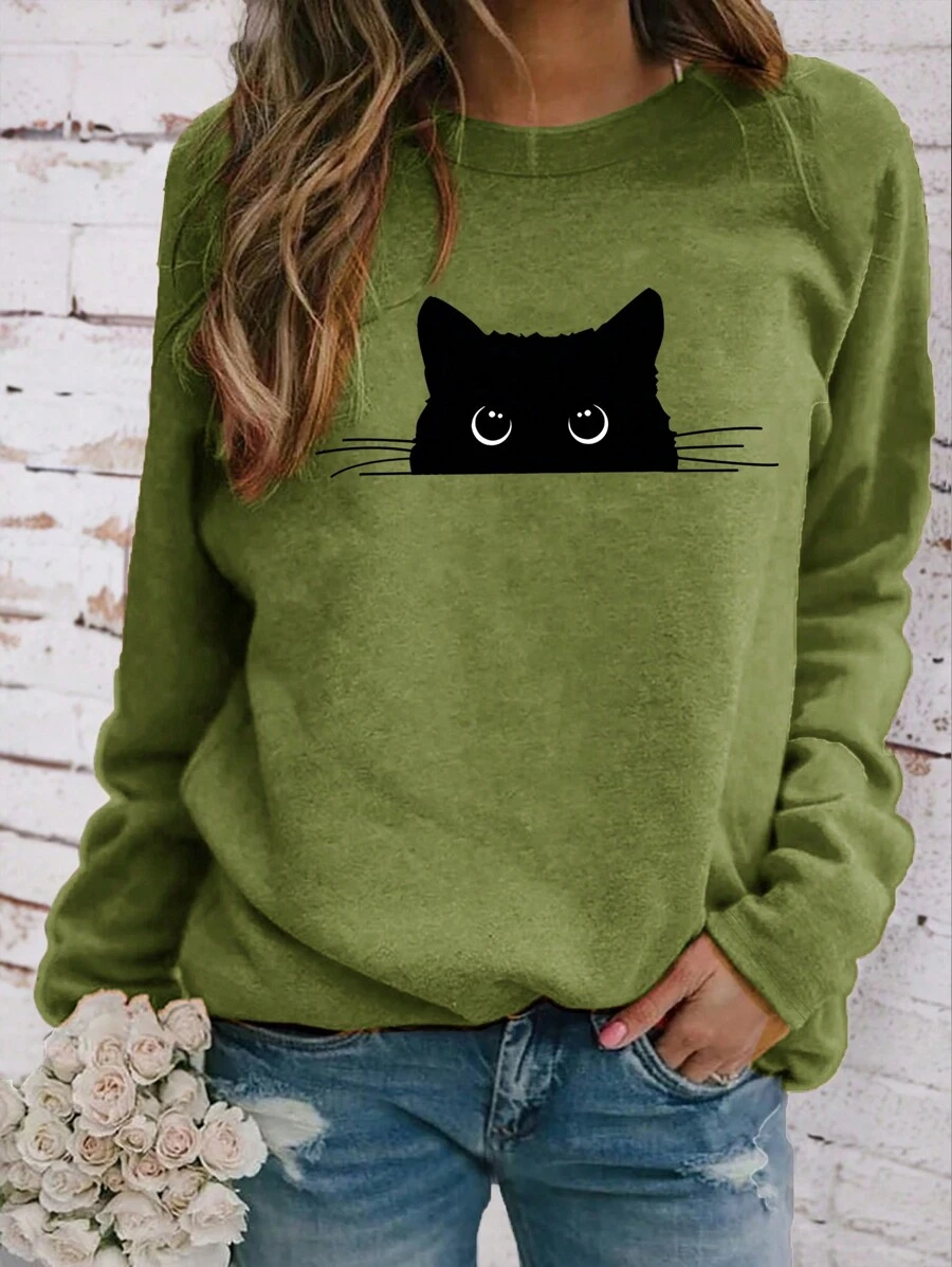 INAWLY 女士休闲圆领长袖猫咪印花T恤女式春季上衣