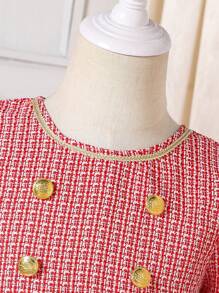 SHEIN Young Girl Christmas Elegant Flared Dress With Red & White Fabric, Short Puff Sleeves, Braided Trim, Front Metallic Buttons, Contrast White Hem Panels, Round Bag Attached