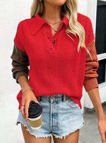 SHEIN LUNE Suéter de punto de mujer con cuello de botón y bloqueo de color para otoño/invierno