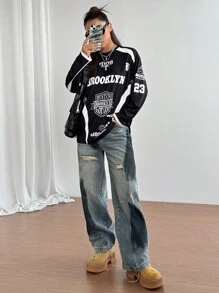 StreetHx Letter Print Mesh Contrast Drop Shoulder Long Sleeve T-Shirt For Women Graphic Tees Women Tops For Spring Fall Cloth For Women - Black - View 6