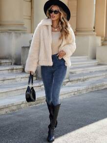 INAWLY Chaqueta esponjosa de unicolor informal para mujer, otoño/invierno