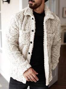 Manfinity Homme Men's Casual Solid Color Fuzzy Jacket For Autumn/Winter ,Men Flannel,Winter Men Jacket - Apricot - View 7