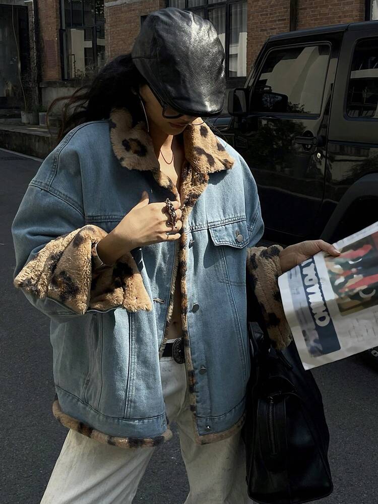 Women's Reversible Denim & Leopard Print Patchwork Thermal Lined Denim Jacket,Fall Women Clothes