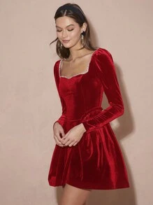 Enchnt 女士纯色甜心领水钻装饰优雅长袖连衣裙 - 紅色 - 查看 5