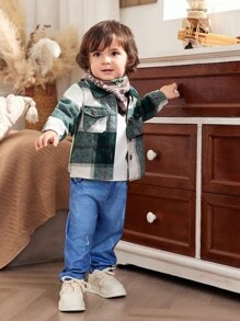 2pcs Infant Toddler Baby Boy 0-3Y Fall Winter New Fashion Casual Plaid Flannel Shacket And Printed Pants Outfit Set - Green - View 1