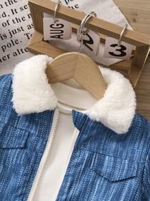 SHEIN Baby Boy Zip-Up Thermal Lined Blue Long Sleeve Jacket, Autumn/Winter - Blue - View 3