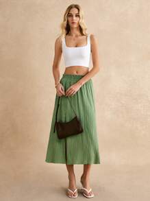 Poéselle Paperbag Waist Split Thigh Skirt - Mint Green - View 4